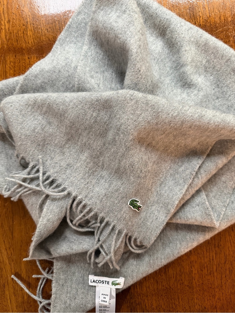 NWOT Lacoste Light Gray Fringed Wool Scarf with Green Crocodile Logo